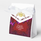 Red, Gold Tiara Butterfly Quinceanera Favor Box Bedankdoosjes (Voorkant Zijde)