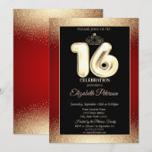 Red, Gold Tiara Confetti, weet 16-partij Kaart (Voorkant / Achterkant)