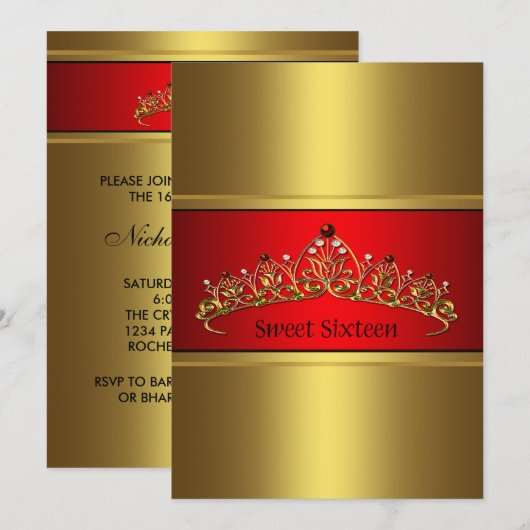 Red Gold Tiara Sweet Sixteen Party Uitnodiging (Voorkant / Achterkant)