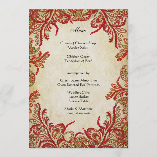  Red Gold Touch van Green Peacock Paisley Menu (Voorkant)