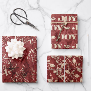 Red Gold Vintage kerstbomen Joy Leaves Inpakpapier Vel