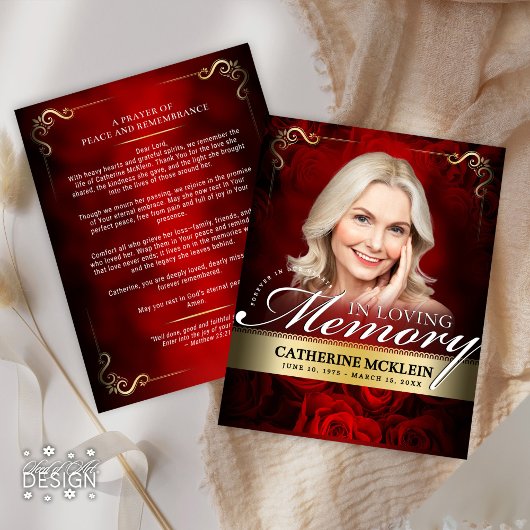 Red & Gold Vintage Roses Obituary Prayer Card Kaart