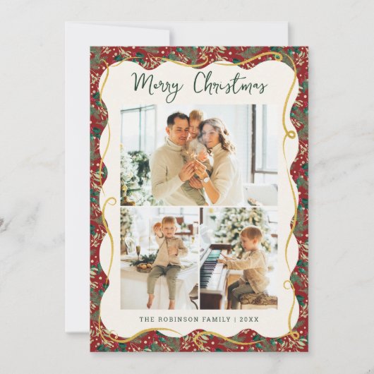 Red Gold Wavy Lijst Botanical Christmas 3 Foto Feestdagenkaart (Voorkant)