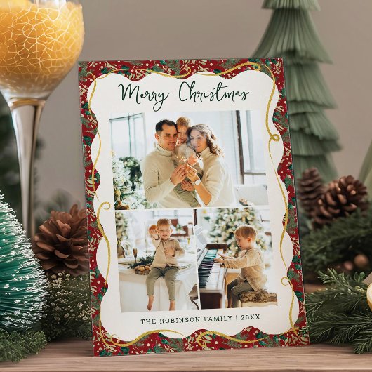 Red Gold Wavy Lijst Botanical Christmas 3 Foto Feestdagenkaart