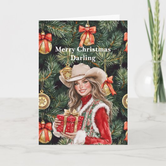 Red Gold Western Cowgirl Christmas  Kaart (Voorkant)