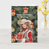 Red Gold Western Cowgirl Christmas  Kaart (Gele Bloem)