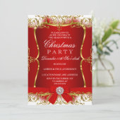 Red Gold White Damask Bow-kerstfeest Uitnodiging (Staand voorkant)