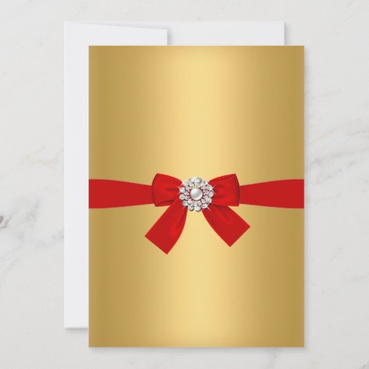 Red Gold White Damask Bow-kerstfeest Uitnodiging (Achterkant)