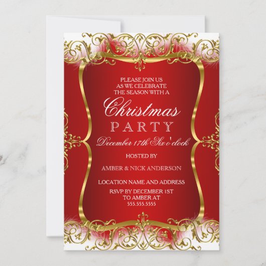 Red Gold White Damask kerstparty nodigt uit Kaart (Voorkant)
