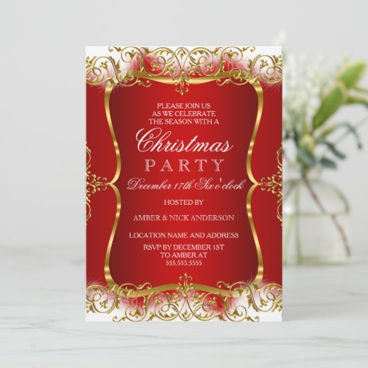 Red Gold White Damask kerstparty nodigt uit Kaart (Staand voorkant)