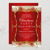 Red Gold White Damask kerstparty nodigt uit Kaart (Voorkant / Achterkant)