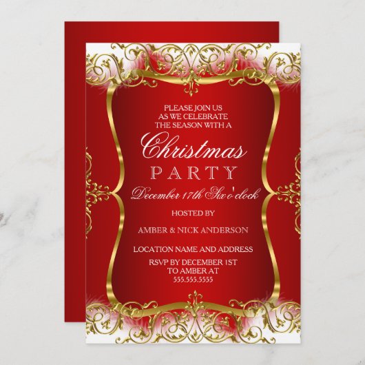 Red Gold White Damask kerstparty nodigt uit Kaart (Voorkant / Achterkant)