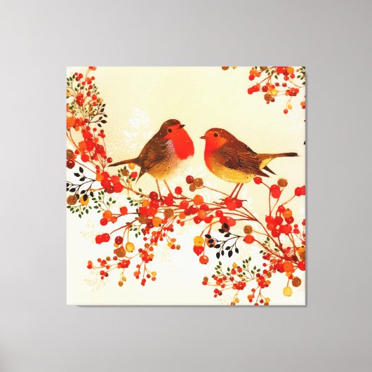 Red Gold Winter Birds Holly Berry Branches Canvas Afdruk (Voorkant)