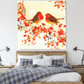 Red Gold Winter Birds Holly Berry Branches Canvas Afdruk (Insitu (Slaapkamer))