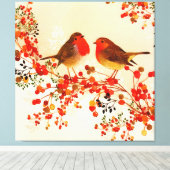 Red Gold Winter Birds Holly Berry Branches Canvas Afdruk (Insitu (Houten vloer))