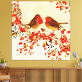 Red Gold Winter Birds Holly Berry Branches Canvas Afdruk (Insitu (Woonkamer))
