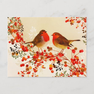 Red Gold Winter Birds Holly Berry Branches Feestdagenkaart