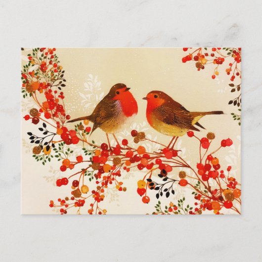 Red Gold Winter Birds Holly Berry Branches Feestdagenkaart (Voorkant)