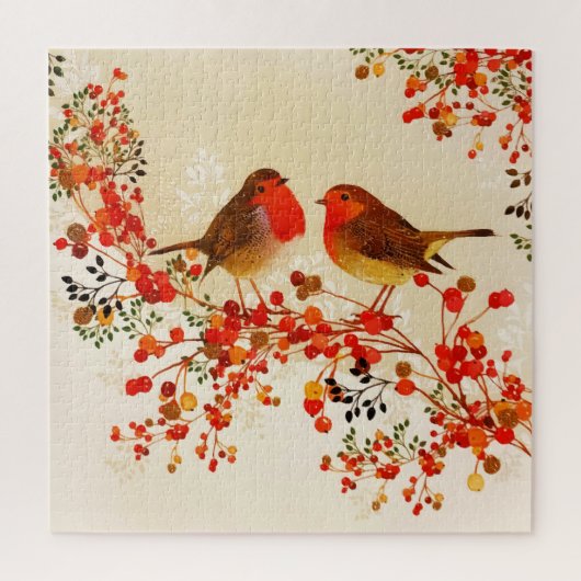Red Gold Winter Birds Holly Berry Branches Legpuzzel (Verticaal)