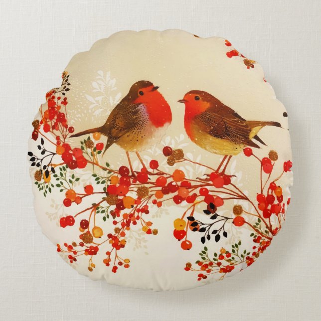 Red Gold Winter Birds Holly Berry Branches Rond Kussen (Voorkant)