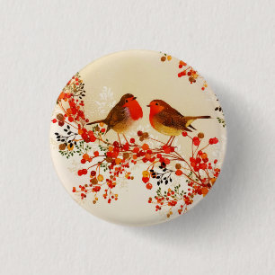 Red Gold Winter Birds Holly Berry Branches Ronde Button 3,2 Cm