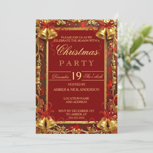 Red Gold Xmas Bells Photo Christmas Holiday Party Kaart (Staand voorkant)