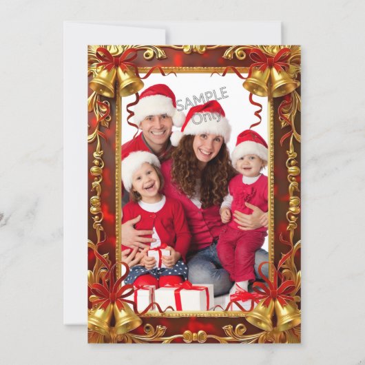 Red Gold Xmas Bells Photo Christmas Holiday Party Kaart (Achterkant)