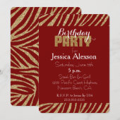 Red Gold Zebra Print Faux Glitter Verjaardag Kaart (Voorkant / Achterkant)