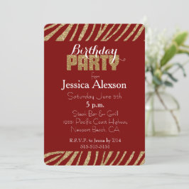 Red Gold Zebra Print Faux Glitter Verjaardag Kaart