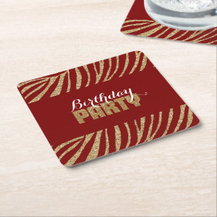Red Gold Zebra Print Faux Glitter Verjaardag Kartonnen Onderzetters