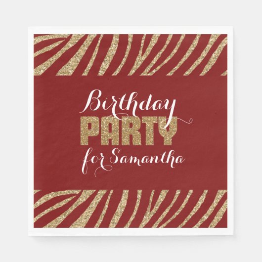 Red Gold Zebra Print Faux Glitter Verjaardag Servet (Voorkant)