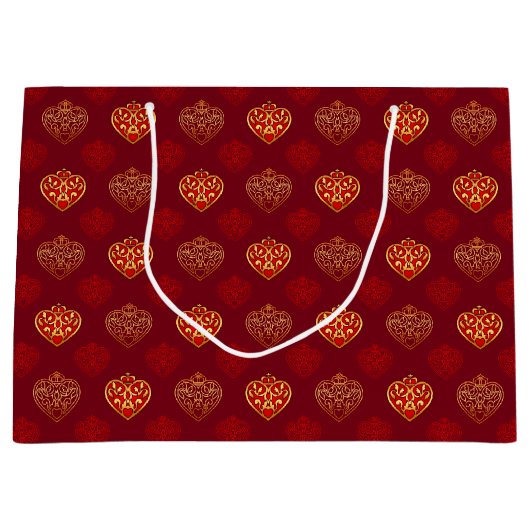 Red & Golden Crown Hearts Patterned Groot Cadeauzakje (Voorkant)