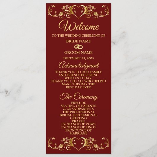 Red Golden Geometric Elegant Wedding Programmakaart (Voorkant)