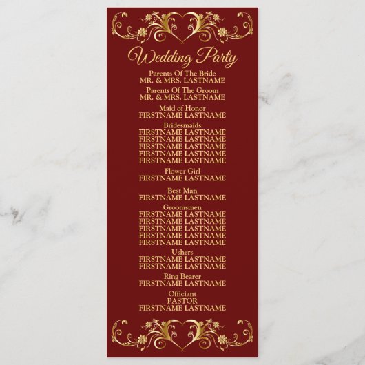 Red Golden Geometric Elegant Wedding  Programmakaart (Achterkant)