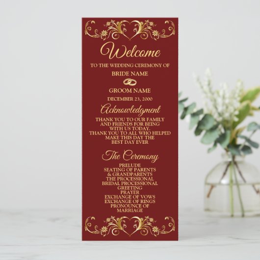 Red Golden Geometric Elegant Wedding  Programmakaart (Staand voorkant)