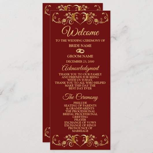 Red Golden Geometric Elegant Wedding  Programmakaart (Voorkant / Achterkant)