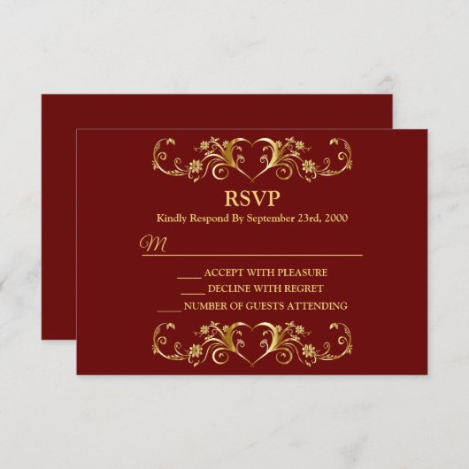 Red Golden Geometric Trendy Wedding RSVP Kaartje (Voorkant / Achterkant)