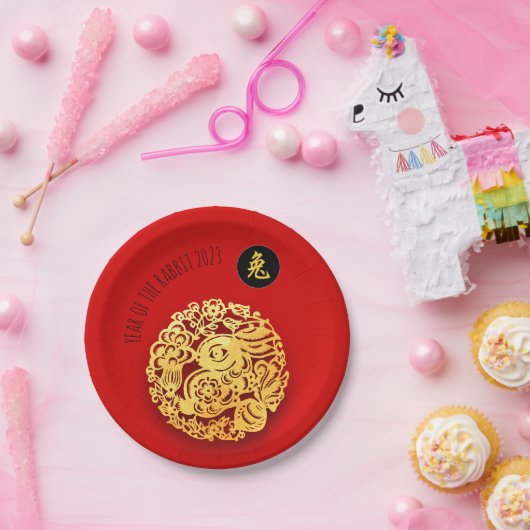 Red Golden Rabbit Papercut Chinese nieuwjaar 2023  Papieren Bordje (Feest)