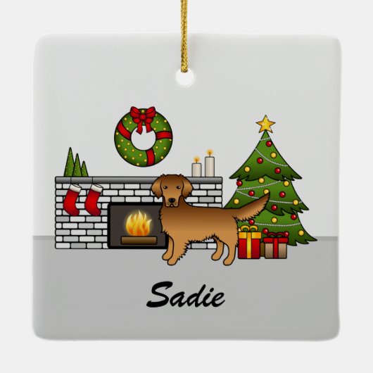 Red Golden Retriever in kerstkamer & naam Keramisch Ornament (Achterkant)