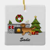 Red Golden Retriever in kerstkamer & naam Keramisch Ornament (Voorkant)