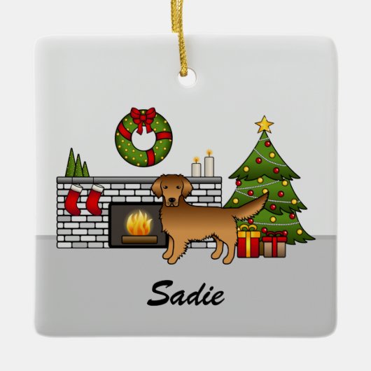 Red Golden Retriever in kerstkamer & naam Keramisch Ornament (Voorkant)
