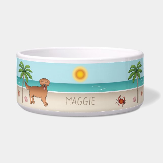 Red Golden Retriever op een tropisch zomerstrand Voerbakje (Voorkant)