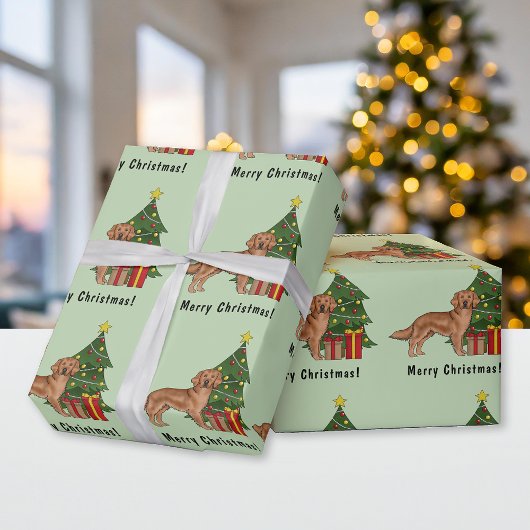 Red Golden Retriever Schattigee hond en kerstboom Cadeaupapier