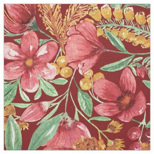 Red Golden Yellow Green Waterverf Flowers Patroon Stof