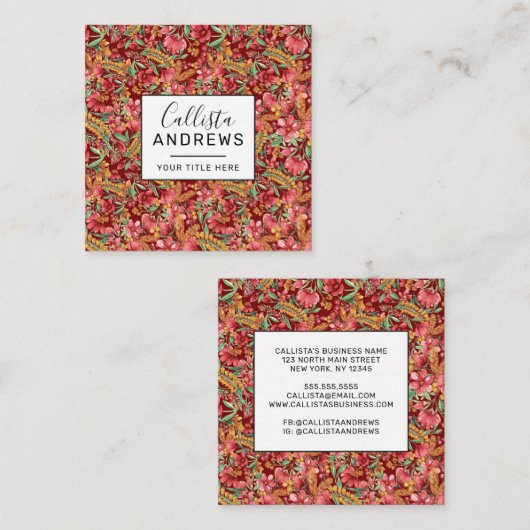 Red Golden Yellow Green Waterverf Flowers Patroon Vierkante Visitekaartje (Voorkant / Achterkant)