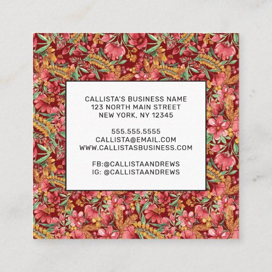 Red Golden Yellow Green Waterverf Flowers Patroon Vierkante Visitekaartje (Achterkant)