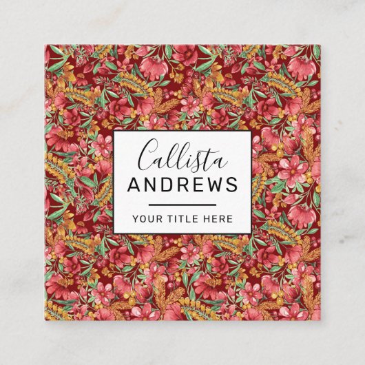 Red Golden Yellow Green Waterverf Flowers Patroon Vierkante Visitekaartje (Voorkant)