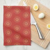 Red | Golden Zinnia Flower Medallions Theedoek (Quarter Fold)