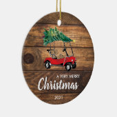 Red Golf Cart met kerstversiering met bomen Keramisch Ornament (Rechts)