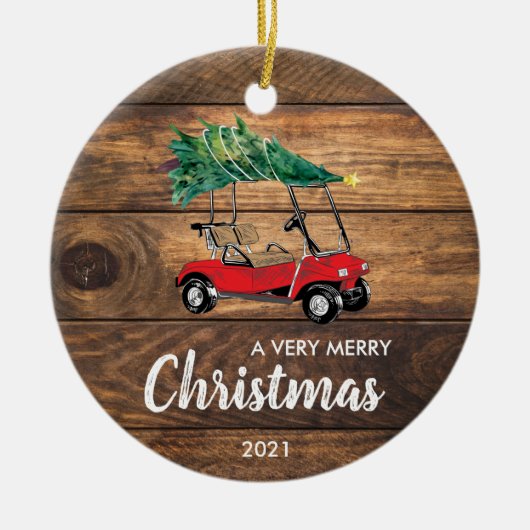 Red Golf Cart met kerstversiering met bomen Keramisch Ornament (Voorkant)